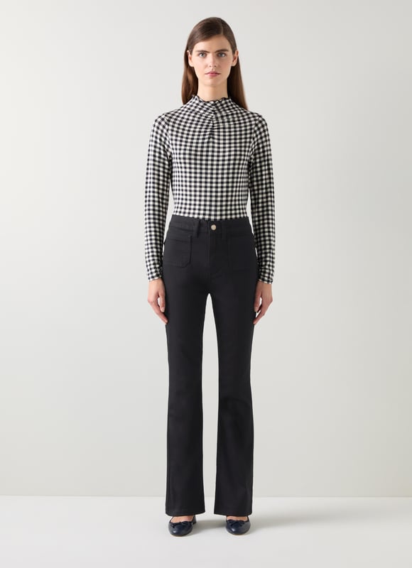 LK Bennett Millie Trousers, Black Turn heads with the Millie petite high waist patch pocket kickflare jean in classic black. Designed from a high-quality cotton mix, these trousers feature stylish patch pockets and a flattering flare that exudes smart casual elegance. Perfect when paired with a crisp blouse for the office or a relaxed tee for weekend outings.