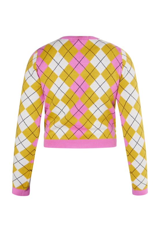 Terugkeer van de diamant! Het Schotse Argyle-patroon is een echte klassieker, populair voor golf, schooluniformen of sokken. Ook het patroon evergreen is erg populair bij myMo ROCKS. In een contrasterende kleurenmix is ​​de zachte trui gemaakt van een viscosemix, heeft een klassieke snit en is afgewerkt met effen geribde manchetten. Met stevige bikerlaarzen creëer je een casual break in stijl.  Gebreide trui