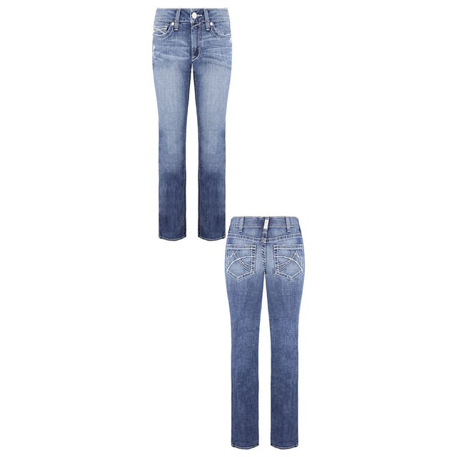 Rider tested and thoughtfully engineered, this mid rise, slim fitting jean features a stackable straight leg and performance stretch denim for added comfort that holds its shape and flatters yours. 
Straight through waist
Mid rise
Stackable straight leg
9.75 oz performance stretch denim
Medium wash with embroidery on back pocket
Waistband that won't gap
A seat that won't sag
