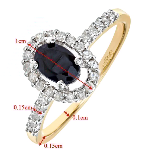9K (375) geel goud: 2,4 gram; # Diamant: 0,23 ct; # Saffier: 0,85 ct