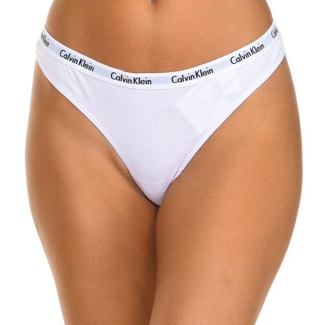 Pack-3 Calvin Klein Thongs.
 White color
 Elastic rubber waistband, with the brand name consecutively embroidered.
 Inner lining.
 Seam seen to tone.

 Composition: 90% Cotton, 10% Elastane

 Washing instructions:
 - Wash maximum at 40ºC.
 - Iron at medium temperature, max. 110 ° C.
 - Does not allow to use tumble dryer.
 - Do not use bleach.
 - It does not support dry cleaning.