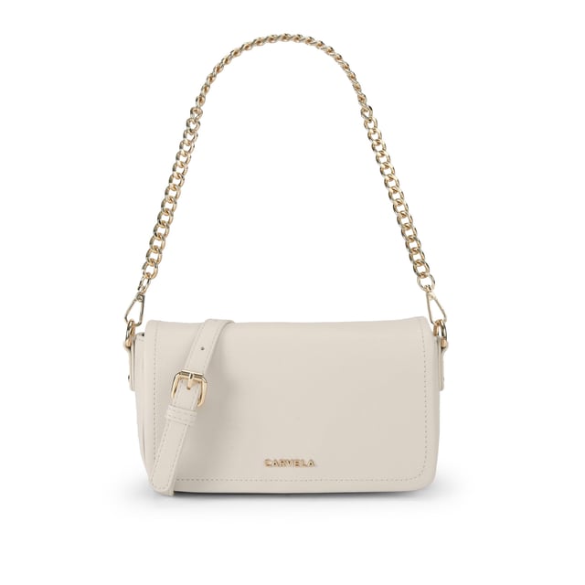 The Carvela Como Chain Shoulder bag features a bone exterior with pebble grain texture. There is gold tone hardware across the bag and branding on the front. Dimensions: 13cm (H), 21cm (L), 6cm (D). Strap length: 124cm.