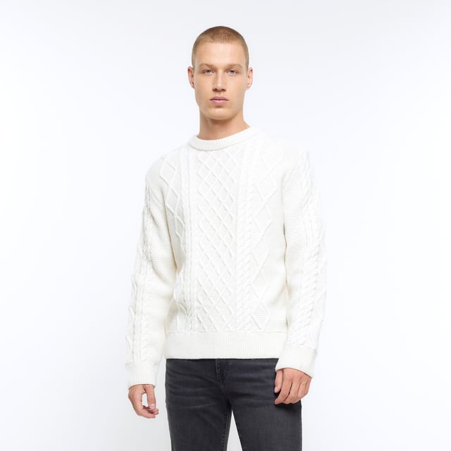 River Island Mens Jumper Ecru Slim Fit Cable Knit