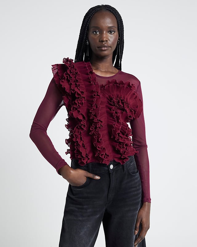 Mesh fabric, Frill detail on body, Crew neckline, Long sleeve