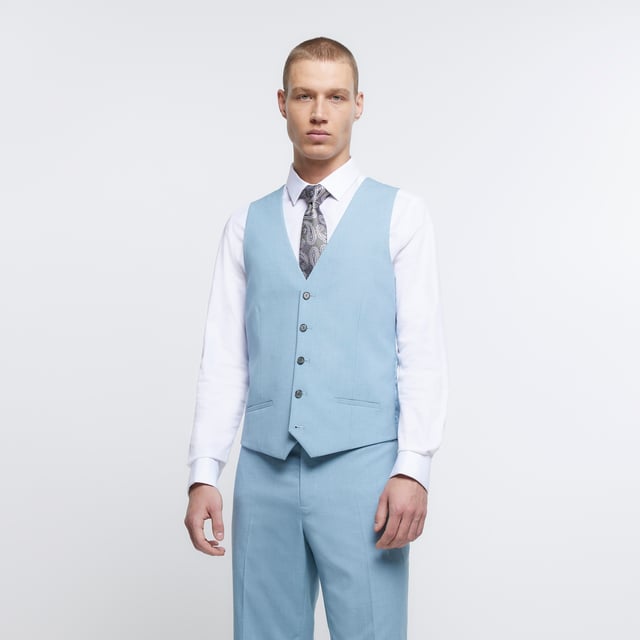 River Island Mens Waistcoat Blue Slim Fit SB5 Notch Aqua