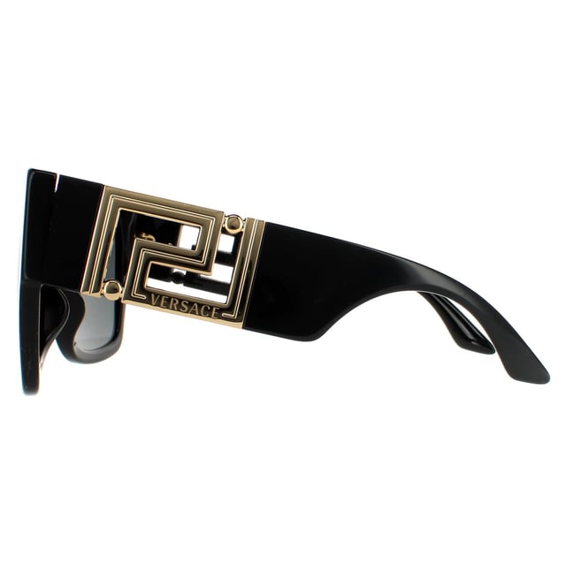 Versace Square Womens Black Dark Grey Sunglasses VE4402 are an eye-catching oversized square design crafted from chunky yet lightweight acetate. Wide temples are embellished with large metal Greca logos with laser cut Versace branding for authenticity.