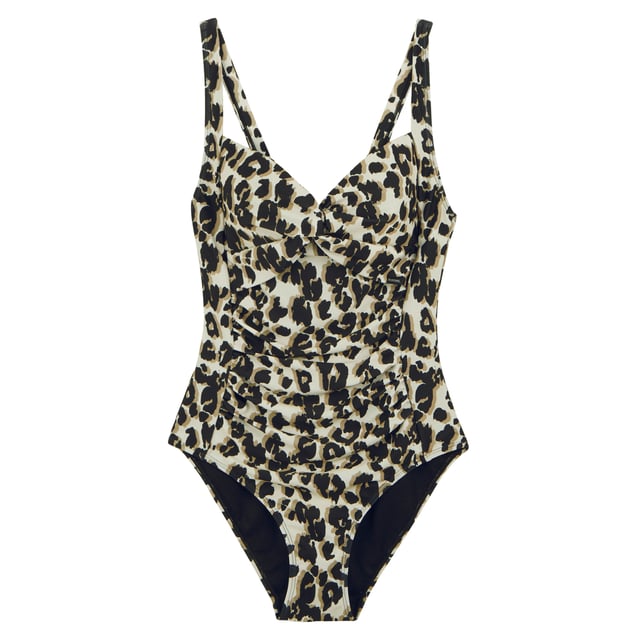 85% Recycled Polyester, 15% Elastane. Fabric: Soft Touch, Stretch. Design: All-Over Print, Leopard Print. Fastening: Pull-On. Neckline: Sweetheart. Non-Wired Padded Cups, Tummy Control, Twisted Knot Front. Fabric Technology: UV Protection. Sleeve-Type: Sleeveless. Sun Rating: UPF 50+.