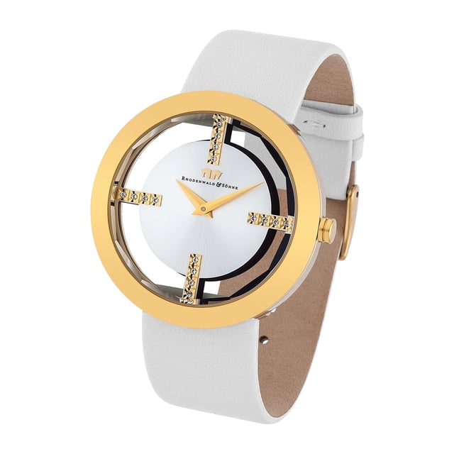 This striking women's watch from Rhodenwald & Sons masters the game with the fascinating skeleton look: between the bezel and dial shimmers the wrist of the wearer under the faceted glass. Four distinctive line indices, decorated with crystals from Swarovski®, connect the gilded bezel to the dial, the sunray effect of which makes the light gently changing. The high-quality IP coating gives the stainless steel housing maximum durability. The leather bracelet, which is coordinated and painted on the dial, completes the noble look and guarantees the highest comfort.