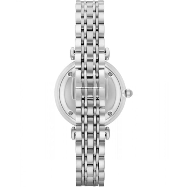 PRODUCT INFO			Case Diameter: 32mm	Case Material:&nbsp;Two Tone Steel/Rose Gold			Water Resistant: 30 Metres	Movement: Quartz (Battery)	Dial Colour: White			Strap Material: Stainless Steel Bracelet	Clasp Type: Push-Button Deployment			Gender: Female	DESCRIPTION						Women's Emporio Armani classic stainless steel designer watch. This watch is complete with a quartz movement and roman numerals on a white dial. It fastens with a polished stainless steel bracelet with silver slim line hour markers and matching insert hands.