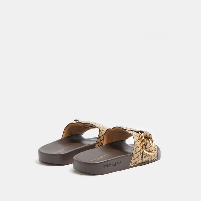 River Island Womens Sliders Beige Wide Fit RI Monogram