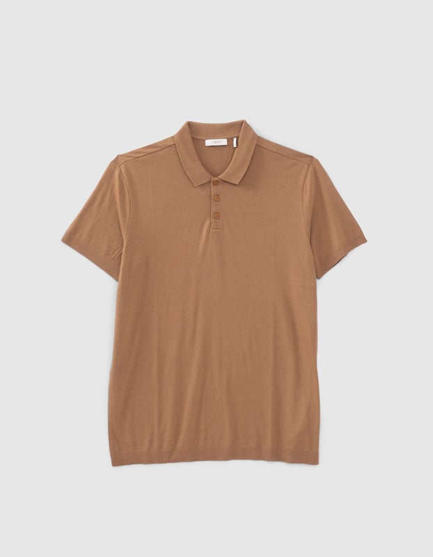 This cappuccino polo shirt has collared neck, short sleeves with ribbing on collar, sleeves and chest.