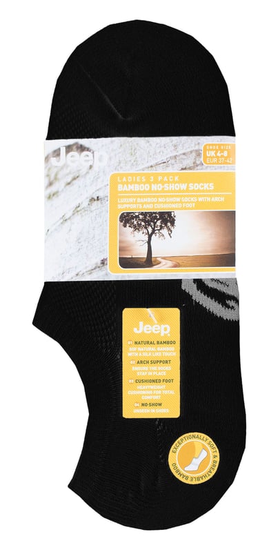 Introducing the Ladies' Jeep Bamboo No Show Socks - a triple pack of comfort, style, and functionality. Crafted from a luxurious blend of 83% Viscose from Bamboo, 14% Polyester, and 3% Elastane, these socks offer an exceptional softness and breathability. The low ankle cut ensures a near-invisible look with various shoe styles and trainers.Enjoy the benefits of arch support and non-slip heel grips, providing a secure and comfortable fit throughout the day. The socks feature standard toe seams and low, slim cuffs for a sleek appearance. With a breathable mesh upper, damp, warm air easily escapes, leaving your feet cool and fresh.These bamboo socks are not only absorbent but also draw moisture away from your skin, keeping it dry and comfortable. Bamboo's natural properties regulate temperature, making these socks ideal for any season. They are machine washable at 40° for easy care.The socks come in a pack of three, featuring plain uppers with mixed color Jeep logos woven into the soles. The soles are padded with protective, heavyweight terry loop cushioning, offering optimal comfort and impact absorption during everyday activities.Experience the versatility and convenience of the Ladies' Jeep Bamboo No Show Socks - perfect for daily wear, sports activities, or casual outings. Treat your feet to the best with these lightweight, cool, and soft bamboo socks!