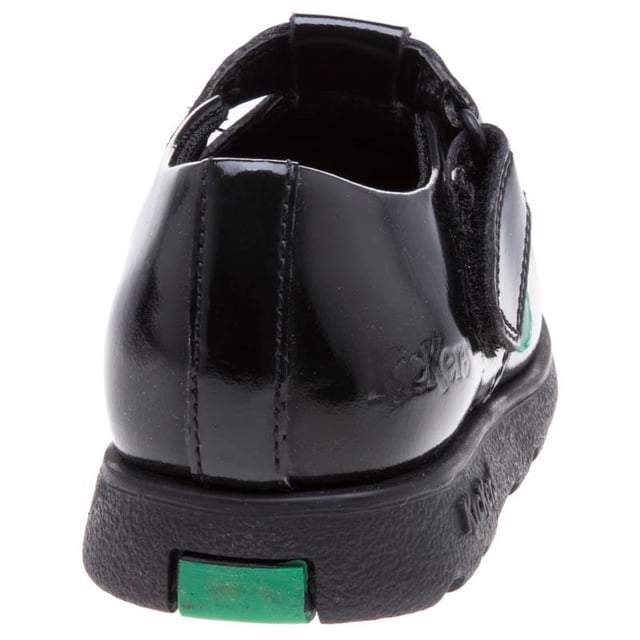 Infant Girls Kickers Fragma T-Bar Patent Shoes in Black- Hook and loop strap fastening- Shiny patent leather upper- Classic triple stitch detail- Iconic red and green logo tabs- Ridged rubber sole for traction and durability- Embossed branding to side- Leather Upper  Textile Lining  Synthetic Sole- Ref: 115178
