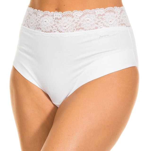 Dolce Waist Panties Janira
 Elastic effect fabric.
 Wide waistband with lace detail.
 High cut.
 Detail of the brand name on the side of the waistband.
 The sweetest and most adaptable waistband in cotton.
 Comfortable and breathable fabric, so that it does not leave marks on the skin.
 Inner lining.
 Seams seen in tone.
 Composition: 76% Cotton, 16% Polyamide, 8% Elastane
 Care:
Wash at a maximum temperature of 30º.
 - Do not use bleach.
 - Do not use dryer.
 - Do not iron.
 - Do not dry clean.