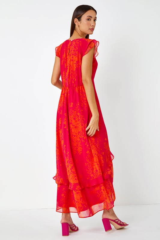 Floral Frill Detail Chiffon Midi Dress