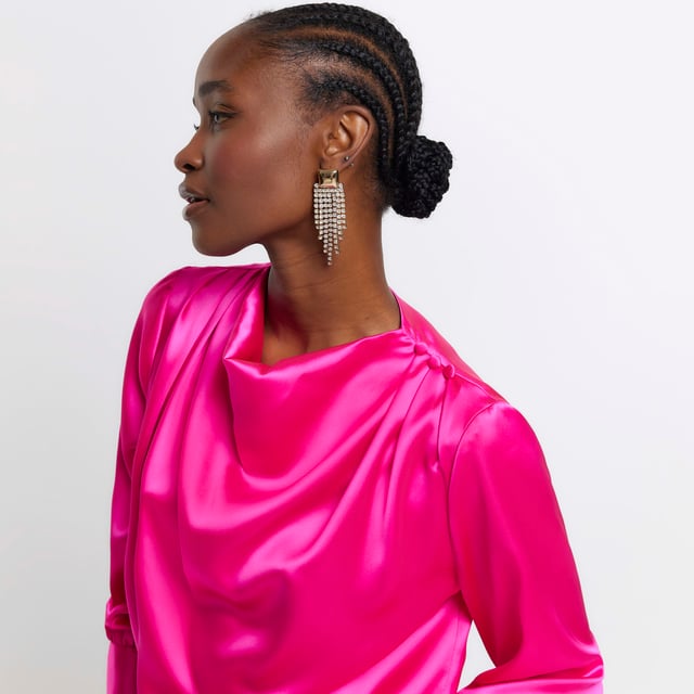 Satin fabric, Button detail, Cowl neckline, Long sleeves, Button fastening