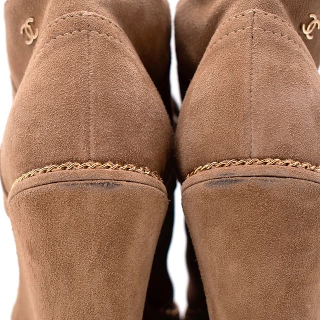 Chanel Sandy Brown Suede Lace Up Wedge Booties