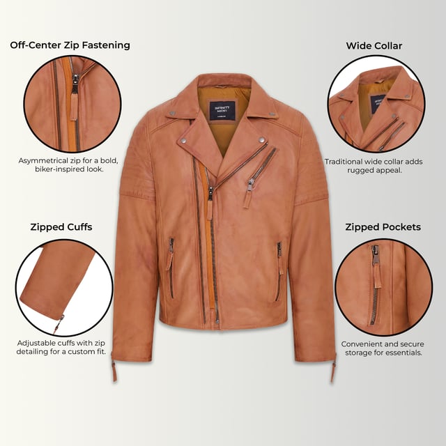 La pieza central de un look atemporal, esta chaqueta está confeccionada con piel de napa de grano completo para lograr una silueta de motociclista elegante y de corte ajustado. Los llamativos detalles de esta prenda incluyen detalles acanalados en los hombros y un cuello ancho tradicional. La parte delantera de la chaqueta está acentuada con una cremallera doble y cuenta con un bolsillo con cremallera inclinado en el pecho, así como otros dos bolsillos con cremallera. Esta chaqueta viene en una gama de colores para adaptarse a una variedad de gustos, lo que permite que todos encuentren su estilo ideal en esta clásica pieza de estilo Brando. • 100% piel de napa ultra suave de primera calidad. • Bolsillo en el pecho con cremallera inclinada • Doble cremallera delantera, etiquetada para facilitar su uso • Solapas anchas con botones a presión • Bolsillos integrados en el forro de la chaqueta • Detalles acanalados en los hombros • Puños con cremallera elegantes