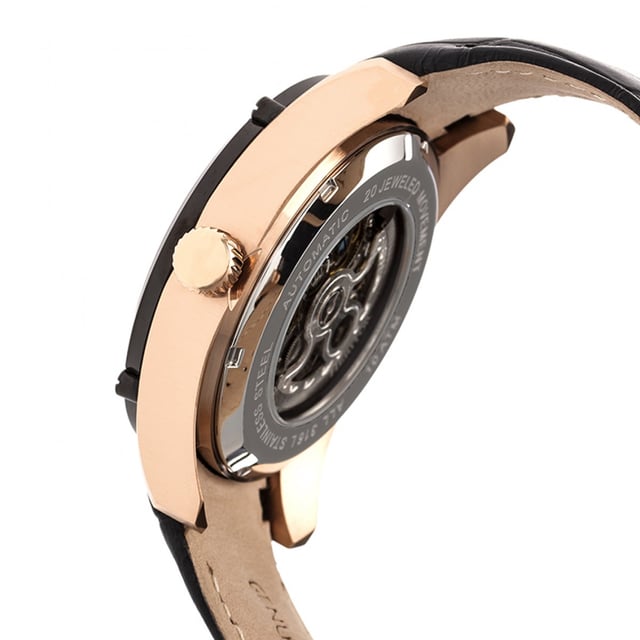 316L Surgical-Quality Stainless Steel Case; Jeweled Automatic Movement; Jewel Bearings: 20 Jewels; 36-Hour Power Reserve; Beats per Hour (BPH): 21600/Hour; Sapphire-Coated Mineral Crystal; Semi-Skeleton Dial; Outer Disc Represents Hour; Middle Disc Represents Minutes; Inside Disc Represents Seconds; Observation Caseback to View Movement; Logo-Engraved Stainless Steel Crown; Genuine Leather Crocodile-Embossed Strap; Logo-Engraved Stainless Steel Clasp; 43mm Case Diameter; 10 ATM Water Resistance;