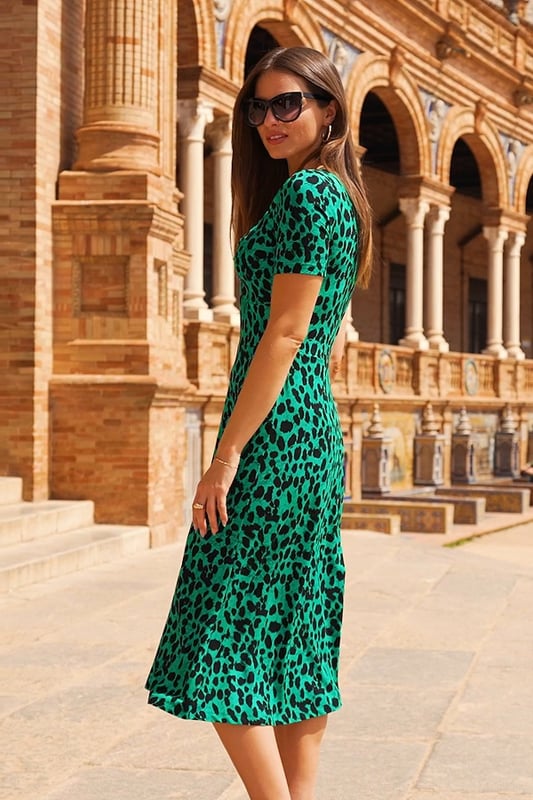 slim fit dress slacks Indra Green Black Animal Print Dress – Popsy Clothing main image 0