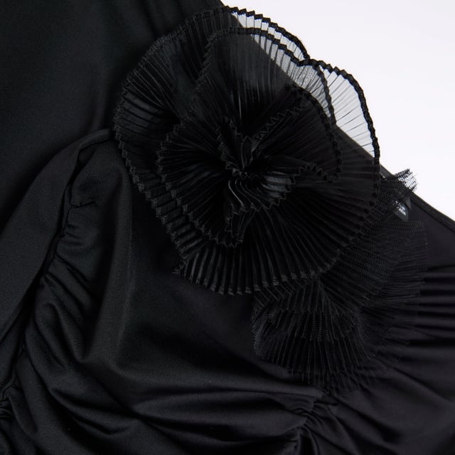 Ruched fabric, Corsage detail, Bardot neckline, Long sleeves