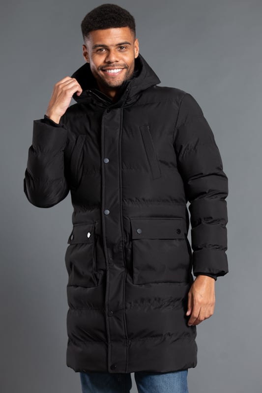Black Longline Funnel Neck Hooded Padded Jacket
