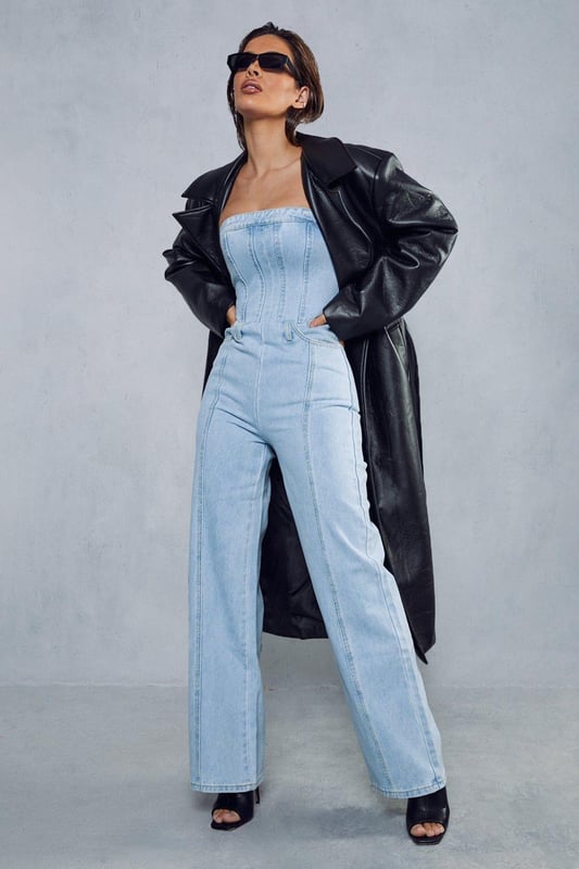 Leather Jacket Jean Jacket Jumpsuit Seam Detail Bandeau Denim Jumpsuit