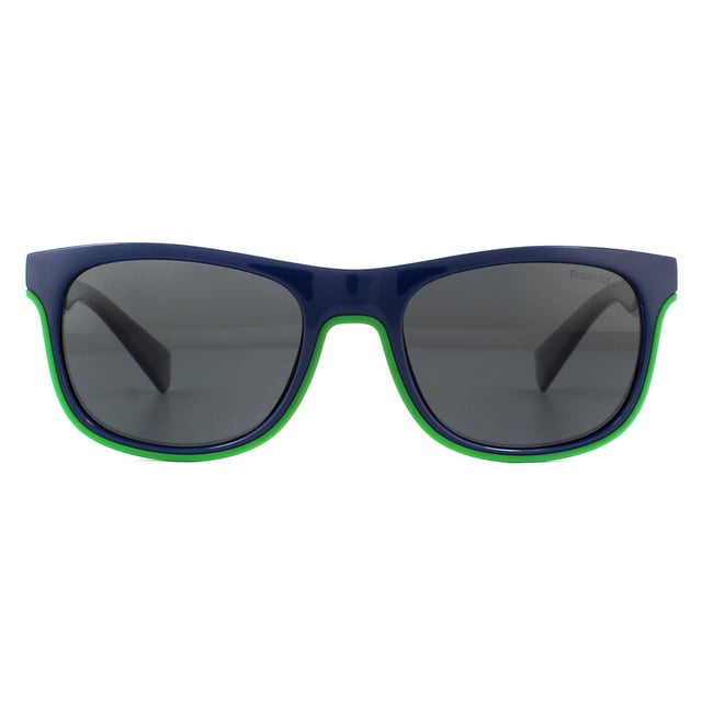Polaroid Kids Sunglasses PLD 8041/S RNB M9 Blue Green Grey Polarized are a classic wayfarer style for kids. The lightweight acetate frame is super comfortable for all day wear with the  Polarized lenses ensuring a comfortable glare free view.