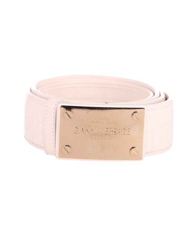 Versace Metal Plate Buckle Belt in White Leather