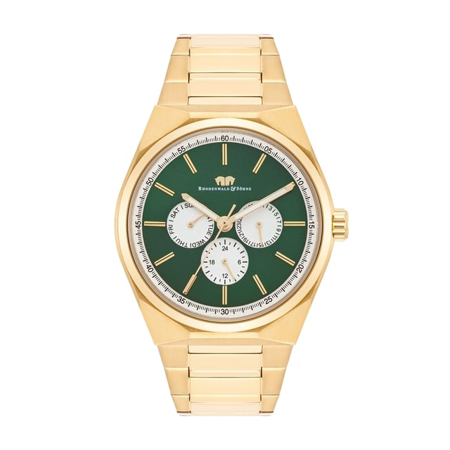 GENERAL INFORMATION:  • Targetgroup: Male  • Wristwatch: Multifunction(s)  • Display: analogue  • Weight of watch w/o box (gr.) - approx.: 133,0  • model series: Cooledge  MOVEMENT:  • Movement: Quartz  • Term of Movement: VX3JE  • Origin of movement: Japan  BRACELET:  • Material of bracelet/strap: Stainless steel  • Plating of bracelet/strap: Ion-Plating (IP)  • Finishing of bracelet/strap: Polished/brushed  • Finishing/Decoration of bracelet/strap: None  • Clasp/Closure/Buckle: Security-folding clasp  • Color of bracelet/strap: Yellowgold  • Length of bracelet/strap (mm) approx.: 225,0  • Width of bracelet/strap (mm) approx.: 24,1  • Style/Design of bracelet/strap: Link bracelet  • Bracelet/strap adjustable?: Yes  CASE:  • Shape of case: Round  • Size/Diameter of case in mm . approx.: 42  • Height of case in mm: 9,6  • Case material: Stainless steel  • Surface of case: Polished/brushed  • Bezel/Topring: Fixed  • Finishing/Decoration of case: None  • Material of case back: Stainless steel  • Lock of case back: Pressed  • Color of case: Yellowgold  • Coating/Plating (Case): Ion-Plating (IP)  • Type/Form of crystal: Flat  • Material of crystal: Mineral crystal  • Water resistant (ATM): 5  DIAL:  • Size jewelry care cloth: Date/Weekday/24 Hours  • Indices: Line indices  • Material of dial: Brass  • Structure/pattern of dial: Multi-layer  • Color of dial: Green  PUSHER, CROWN, HAND:  • Pusher: No screwed-in crown  • Corrector: No  • Crown: No screwed-in crown  • Type of hands: Pole hand  • Luminescent (hands): Yes  PACKAGING & SCOPE OF DELIVERY:  • Box: Yes  • Service booklet: Yes  • Manual: Yes
