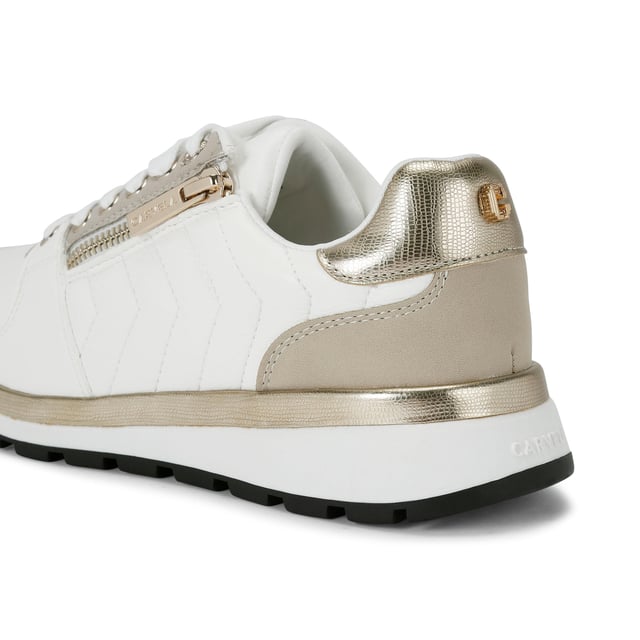 This Carvela Pace Zip trainer features a lace up front with gold zip detail at the eyestay and pin stud on the back. There is a gold band above the white sole.