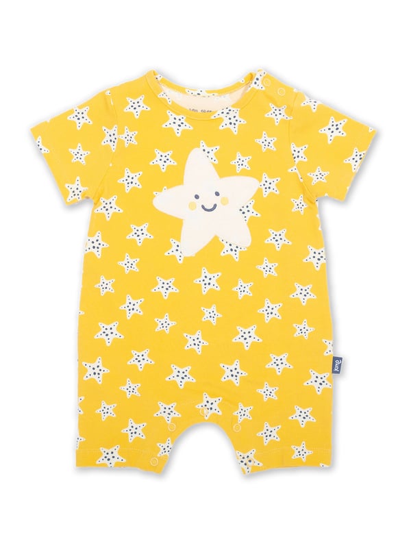 95% organic cotton 5% elastane | Proud to be certified to the Global Organic Textile Standard (GOTS) | Super starfish all-over print with starfish applique | OEKO-TEX Standard 100 (Product class I) appliqué backing | Soft butter yellow | Single jersey with a little bit of stretch (180-190 gsm) | Popper crotch and shoulder opening | Short sleeved | Short legs | Made in Turkey | Machine washable at 40 degrees, or at 30 degrees to be kinder to the planet