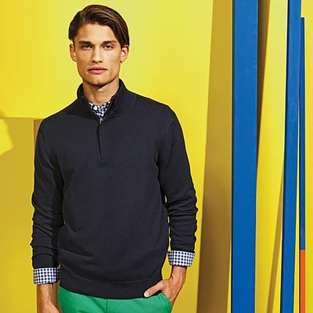 Embrace a modern silhouette with the cotton blend 1/4 zip sweatshirt. Features decorative tuck stitching and a ribbed knit on the cuffs and hem. Sizes (chest to fit): S (37in), M (40in), L (42in), XL (44in), XXL (47in), 3XL (49in). Materials: 87% cotton, 11% nylon, 2% elastane.