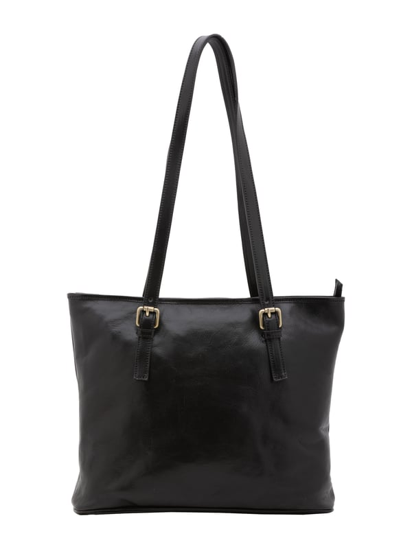 Bolso bandolera para mujer. El cierre es con cremallera. Los bolsillos internos son dos con cremallera y dos abiertos. Los bolsillos externos son uno en la espalda con cremallera. Falta la correa para el hombro. El mango es de piel. Hay dos compartimentos internos. El material exterior es auténtica piel de vacuno. Internamente está forrado en algodón. Medidas: 31x41x10 cm. Hecho en Italia