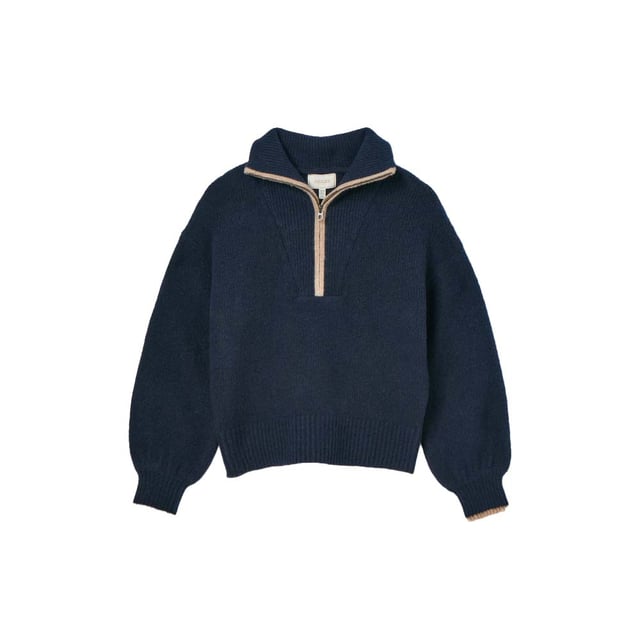 Elevate your knitwear this season with the Elmore navy jumper. Its quarter zip fastening and dropped shoulders gives it an effortless 'throw on' feel, that will keep you comfortable and stylish. The oversized ribbed collar adds interest and features contrasting colour tipping. It's finished with a ribbed hem and cuffs. Style over a slim-fitting top for a layered-up look and your favourite pair of jeans.
