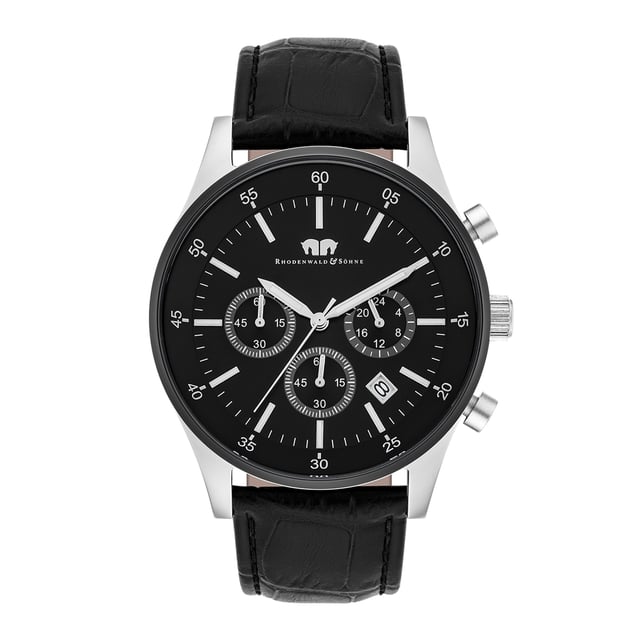 Chronographs are among the most popular men's watches, as they combine in the tradition of pilot watches functionality with a sporty, elegant design. This copy from the Rhodenwald & Sons clock manufacturer brings everything that characterizes a high-quality chronograph, from the scratch-resistant IP-coated stainless steel housing with screwed floor to a dial with Sunray cut to the masco leather strap with crocodine embossing. Subtle accents set the line, minute index, date display, luminical pointer and three totalists in classic tricompax arrangement.