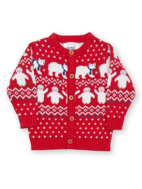 A simply gorgeous knitted layer that offers both comfort and style and is the perfect winter cardigan for your little one. In a midweight knit with a beautiful red and cream polar pals design, this fab layer with coconut buttons is so snug and versatile it will be worn again and again.