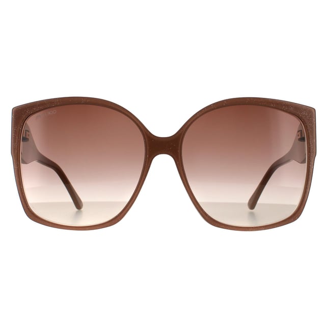 Jimmy Choo Square Womens Nude Glitter Brown Gradient 90041091 Jimmy Choo are a square style crafted from lightweight acetate. Rubber nose pads and gradient lenses provide all day comfort. A Jimmy Choo glitter logo is engraved into the temples for brand authenticity.