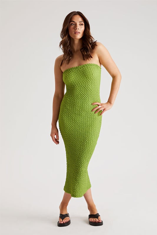 Model is 5'6 and wears a size 8. Strapless, Bodycon, Midi Length, Texture detail