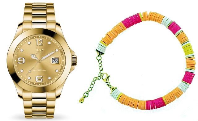 This Ice Watch Gift Box - Ice Steel - Classic Gold - M - Multicolour Jewel Analogue Watch for Women is the perfect timepiece to wear or to gift. It's Gold 40 mm Round case combined with the comfortable Gold Stainless steel watch band will ensure you enjoy this stunning timepiece without any compromise. Operated by a high quality Quartz movement and water resistant to 10 bars, your watch will keep ticking. This fashionable and classic watch matches any outfit at any occasion,it adds style to your life  This Analogue watch has a Calendar function: Date , Luminous Hands and Luminous Numbers. Comes in a set with a Multicolour Bracelet High quality 19 cm length and 19 mm width Gold Stainless steel strap with a Fold over with push button clasp Case diameter: 40 mm,case thickness: 12 mm, case colour: Gold and dial colour: Gold