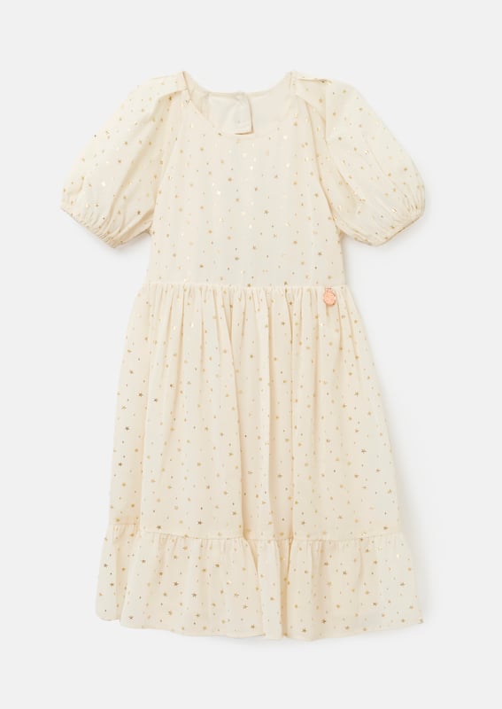 When you wish upon a star.. You get this stunning puff sleeve knee length dress with pretty open back detail scattered with gold foil stars. Heavenly... About Me: 100% Polyester. Look After Me: Think Planet. Wash At 30C.