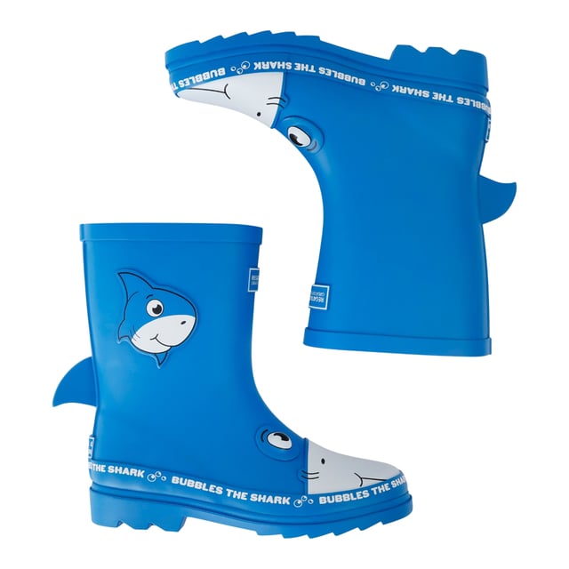 Upper: Vulcanised Rubber. Insole: TECFOAM. Outsole: Angled Lugs, Rubber. Rubber Mudguard. Fabric Technology: Waterproof. Flat Heel. Cut: Mid Cut. Design: 3D Fins, Bubbles, Logo, Shark, Text. Toe Style: Round. Fastening: Slip-In.