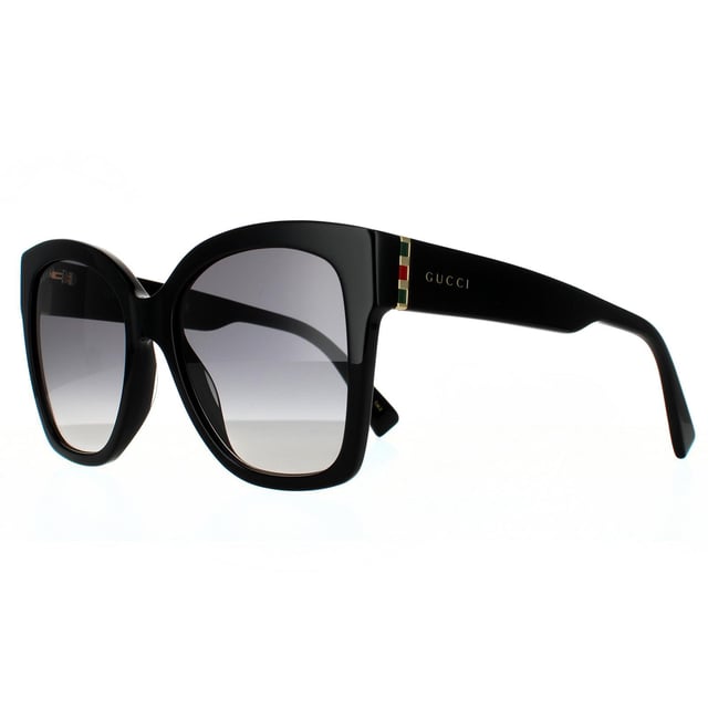 Gucci Square Womens Black Grey Gradient  Sunglasses Gucci are a feminine, oversized cat-eye style. They have a retro aesthetic and are made fully from glossy acetate. Signed off with the Gucci text logo and signature Gucci colors at the hinges.