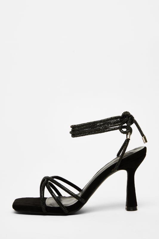 Black Diamante Lace Up Heels - Diamante embellished - Open toe - Strappy style - Lace up - Flared heel - Heel height: 9cm/3.5inches