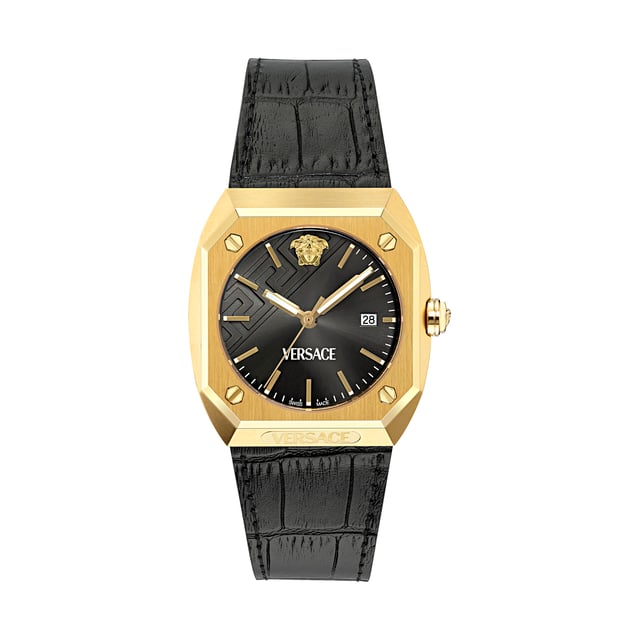 This Versace Antares Analogue Watch for Women is the perfect timepiece to wear or to gift. It's Gold  Rectangular case combined with the comfortable Black Leather watch band will ensure you enjoy this stunning timepiece without any compromise. Operated by a high quality Quartz movement and water resistant to 5 bars, your watch will keep ticking. This high quality watch is an incredible eye-catching Ladies watch. This Analogue watch has a calendar function: Date , Swiss Made and Luminous Hands High quality 19 cm length and 26 mm width Black Leather strap with a Deployment clasp Case measurement: 41 X 44 mm,case thickness: 10 mm, case colour: Gold and dial colour: Black