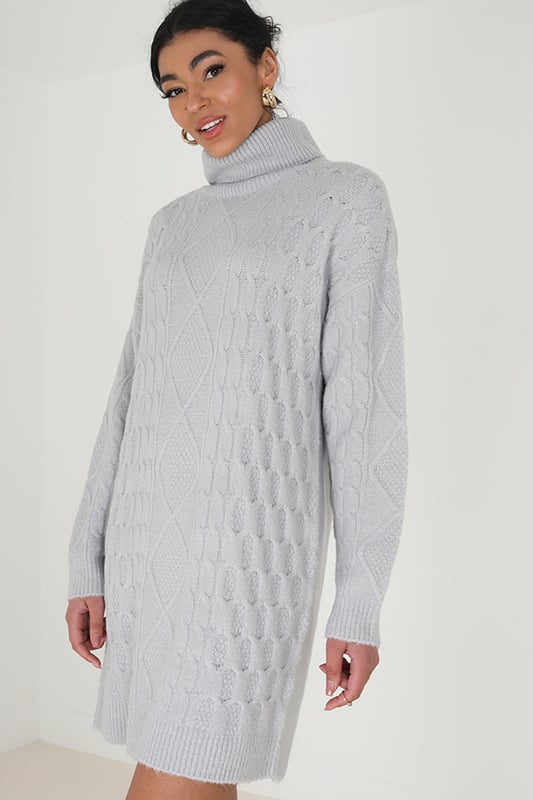 Grey 'Sinbya' Roll Neck Cable Knit Jumper Dress