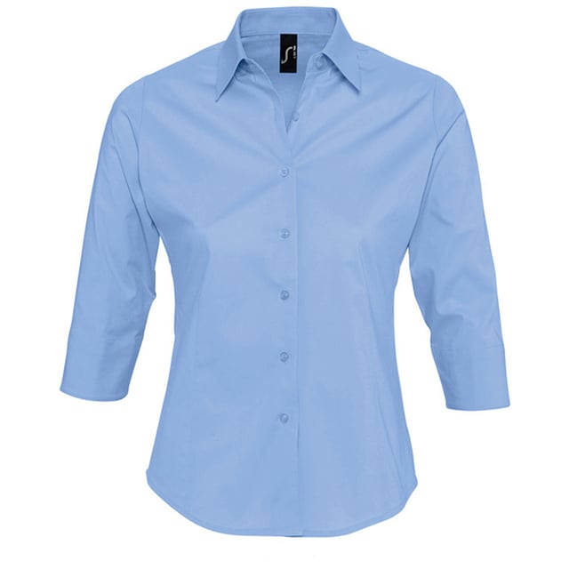 Stretch fabric. Stiffened collar. Self colour buttons. Slitted cuffs. Front and back darts. Curved hem. Fabric weight: 140 gsm. Material: 97% cotton/3% elastane. Ladies size: XS(6/8), S(8/10), M(10/12), L(12/14), XL(14/16), XXL(16/18).