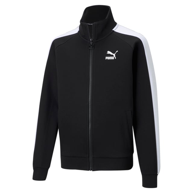 PRODUCT STORY Experience the power of a true icon. This T7 track jacket hails from the PUMA Archives, and is a faithful replica of the original – with wide T7 stripes, a stand-up collar and a chunky branded zip puller. FEATURES & BENEFITS: By buying cotton products from PUMA, you’re supporting more sustainable cotton farming. Contains Recycled Material: Made with recycled fibres. One of PUMA's answers to reduce its environmental impact.DETAILS: Regular fitFull-zip closure with stand-up collarSide pocketsRibbed cuffs and waistbandT7 panel inserts at sleevesPUMA Archive No. 1 Logo rubber print at left chestZip puller with PUMA Archive No. 1 LogoCotton and recycled polyester