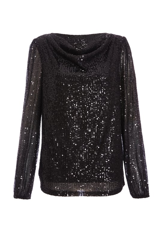 - Sequin design - Long sleeve - Drape neckline - Model height: 5' 9" - Model wears uk 8 / us 4 / eur 36 - Always check the care wash label - Cool hand wash with mild detergent