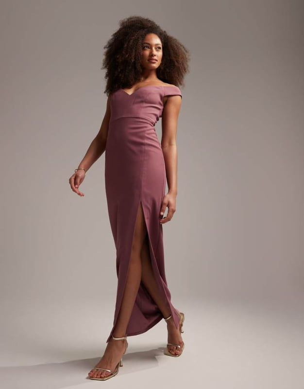Dresses by ASOS DESIGN Bride approved Bardot neck Zip-back fastening Thigh-high split Slim fitSold By: Asos